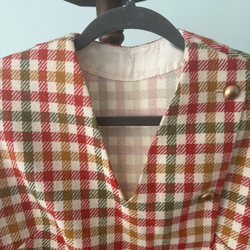 Vintage Plaid Wool Vest Shirt Gold Buttons Overlap Front Sleeveless Sz M - Picture 2 of 9